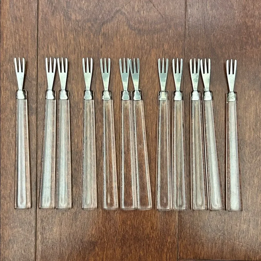 Vintage Set of 12 Clear Hors D’oeuvres Forks, Mid Century Modern Lucite Style